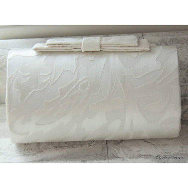 Wedding Party Clutch, Hard Body Purse, White Fabric Purse With White Flower Applique